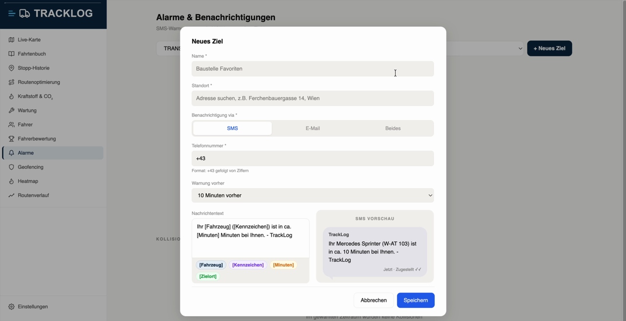 TrackLog Alarme & Benachrichtigungen: SMS-Alarmziel mit Vorschau in der Plattform