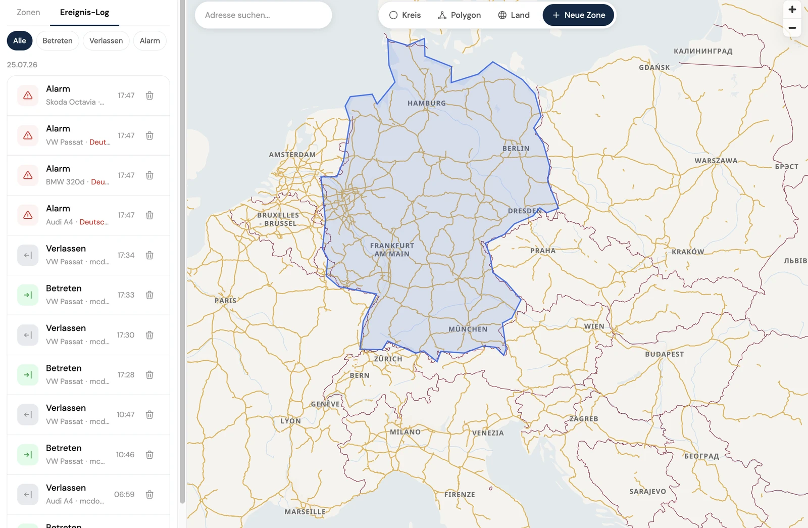 Geofence je Baustelle: Alarm beim Verlassen der Zone.