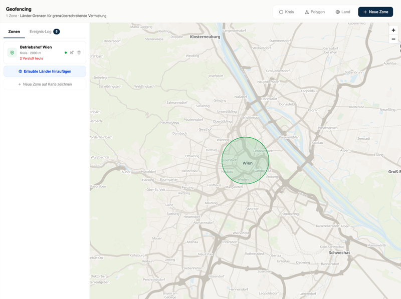 TrackLog Geofencing: Zonen-Liste links, virtuelle Kreis-Zone um Wien auf der Karte