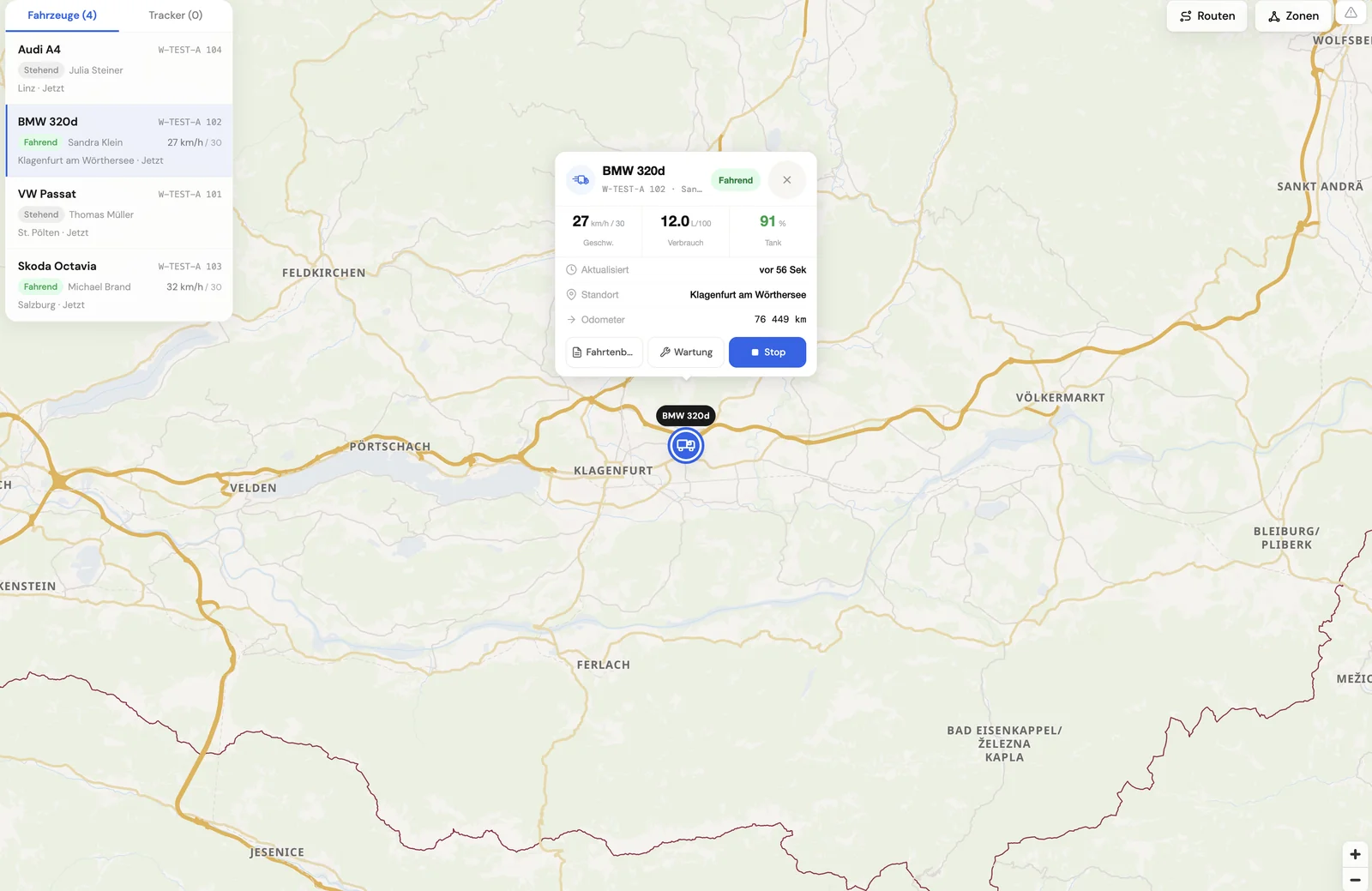 Live-Karte im 10-Sekunden-Takt mit ETA je Stopp.