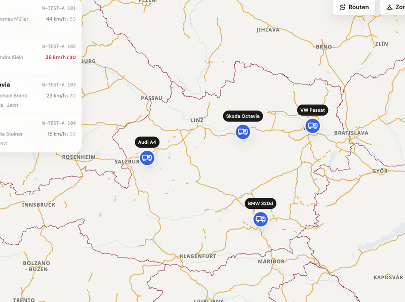 TrackLog Live-Karte nach dem Rollout: Fahrzeugliste mit Status links, Fahrzeug-Positionen auf der Karte
