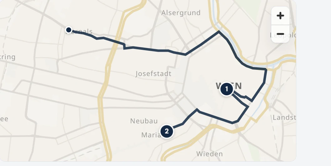 Route auf der Karte mit zwei Stopps