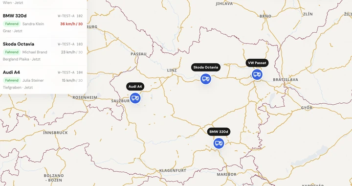 TrackLog Live-Karte mit aktiver Flotte nach der Anmeldung