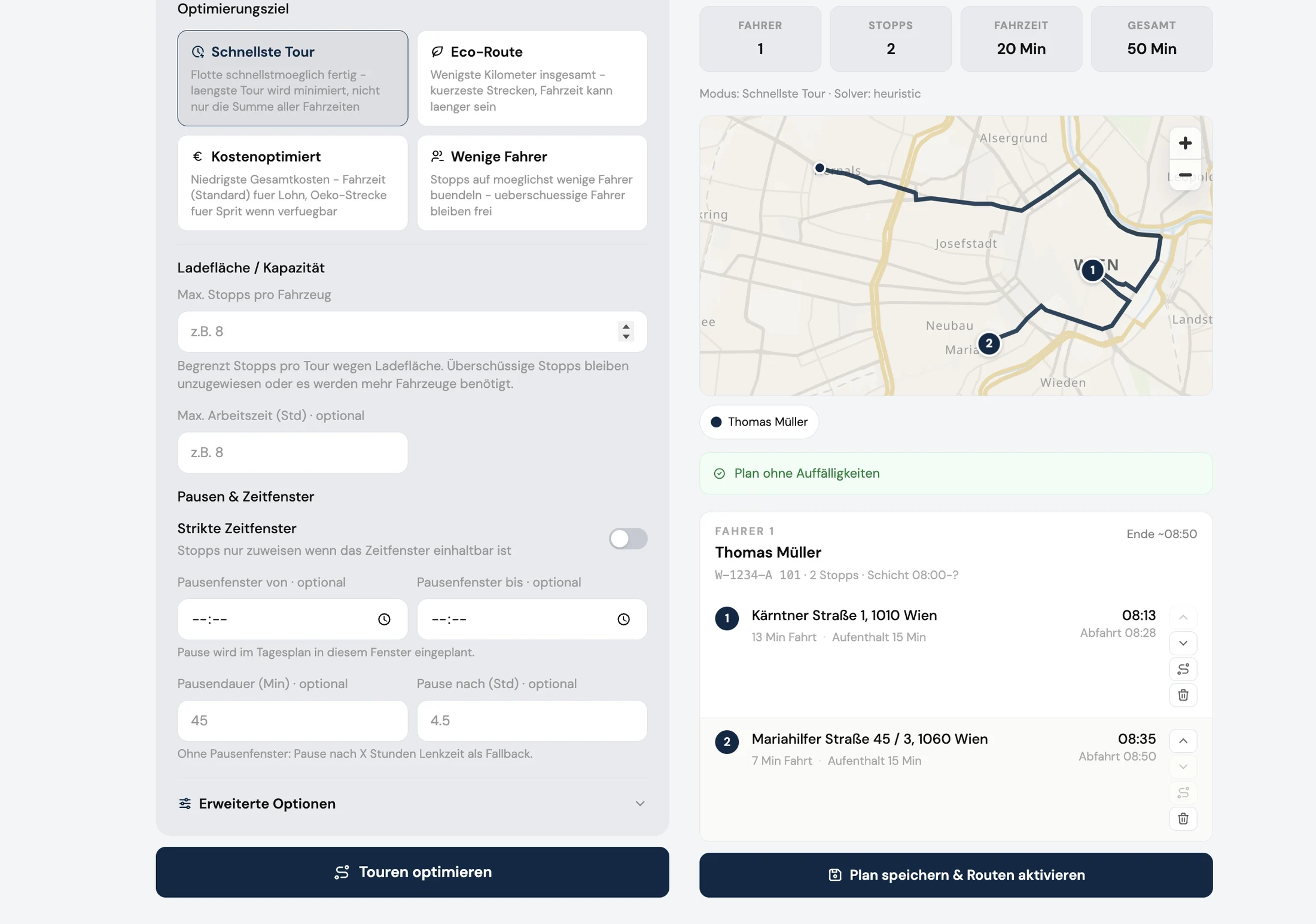 TrackLog Tourenplanung: Route mit mehreren Stopps auf der Karte, einem Fahrzeug zugewiesen