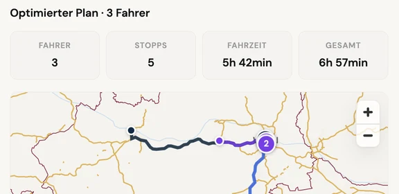 Optimierter Tourenplan mit 3 Fahrern und 5 Stopps