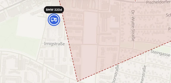 Geofence-Alarm um Gleisdorf mit Fahrzeug BMW 320d auf der Live-Karte