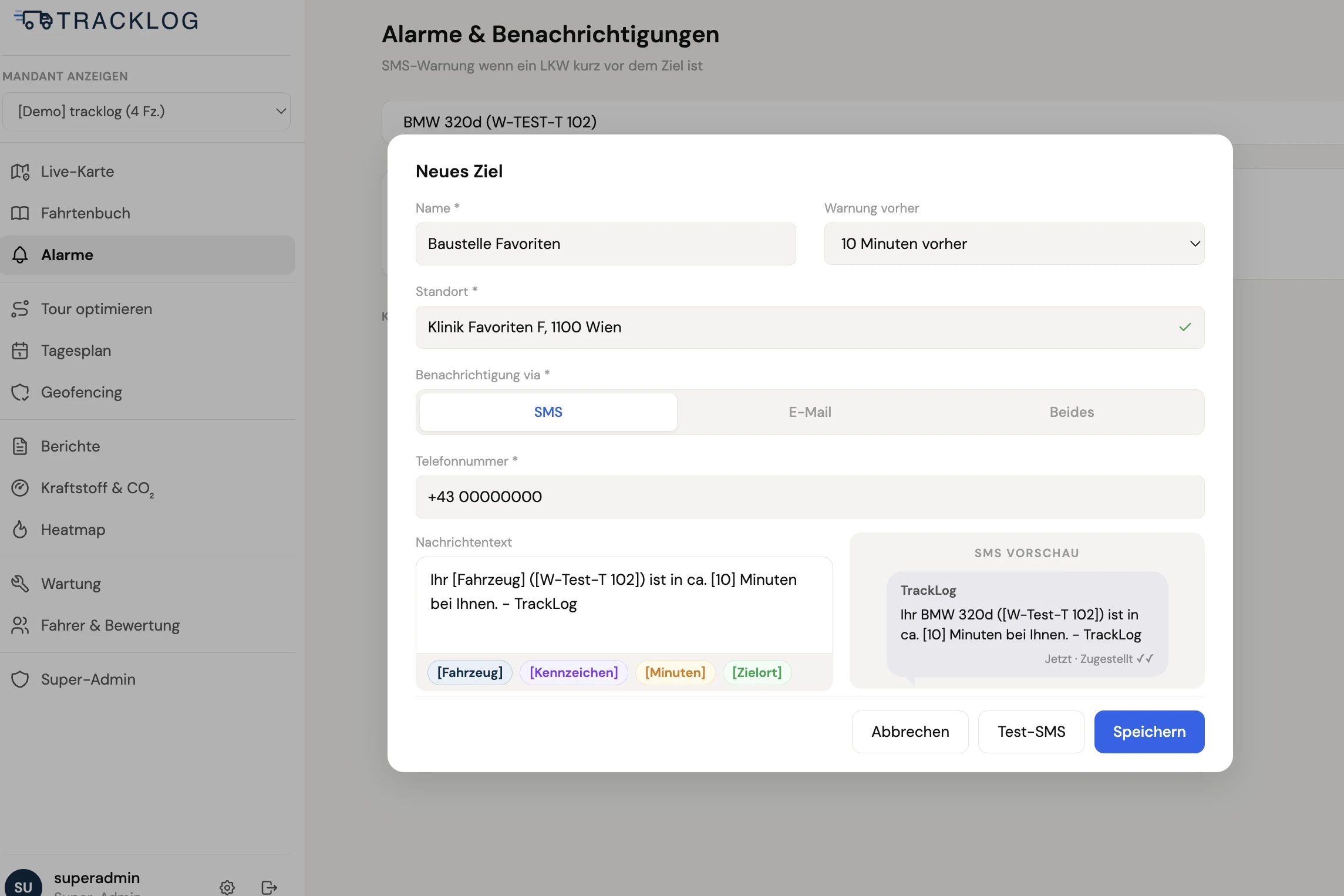 TrackLog App-Ausschnitt