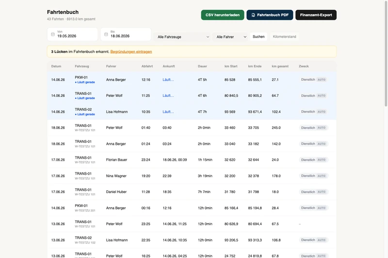 TrackLog App-Ausschnitt
