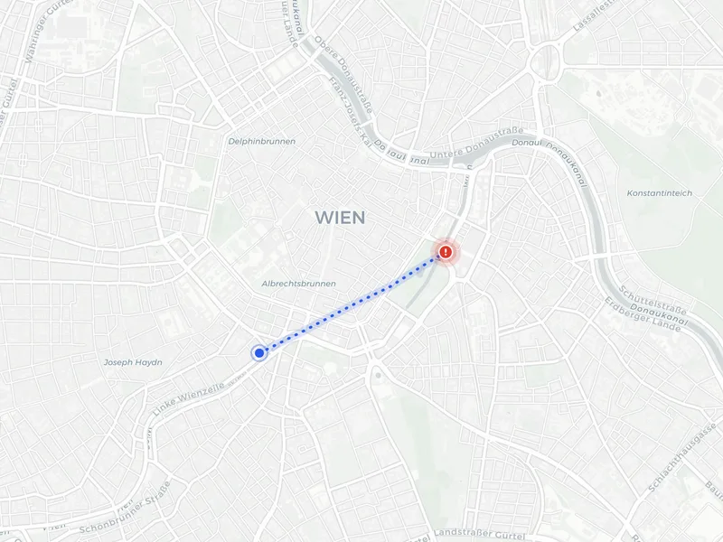 Karte von Wien mit aufgezeichneter Route und erkanntem Aufprall-Standort