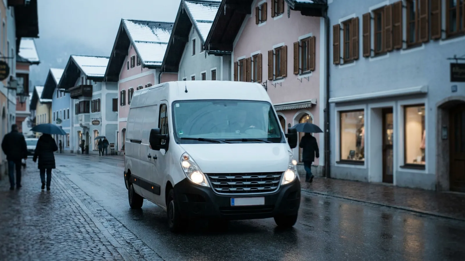 Zwei weiße Transporter fahren auf einer Straße, Luftaufnahme von oben