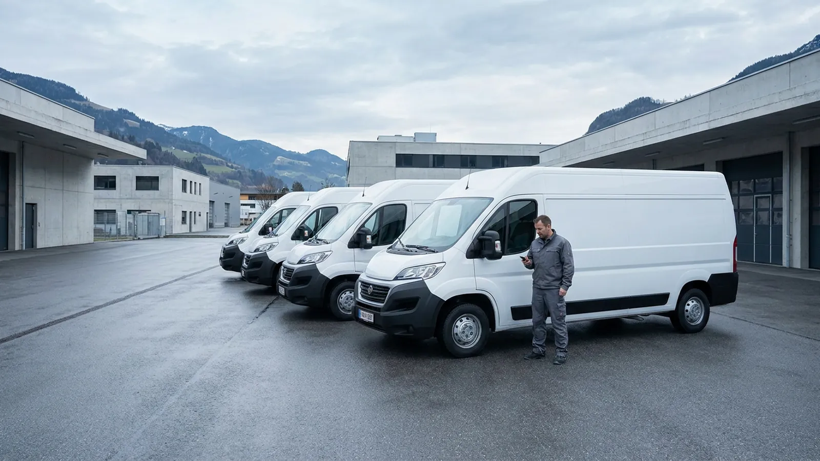 Luftaufnahme einer mehrspurigen Straße mit Transportern und Pkw von oben